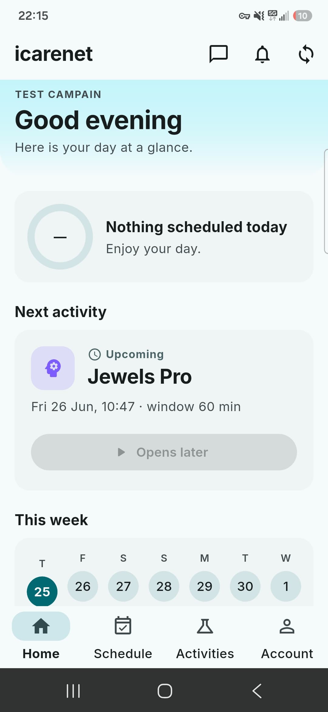 I-Carenet mobile app showing a participant's day at a glance